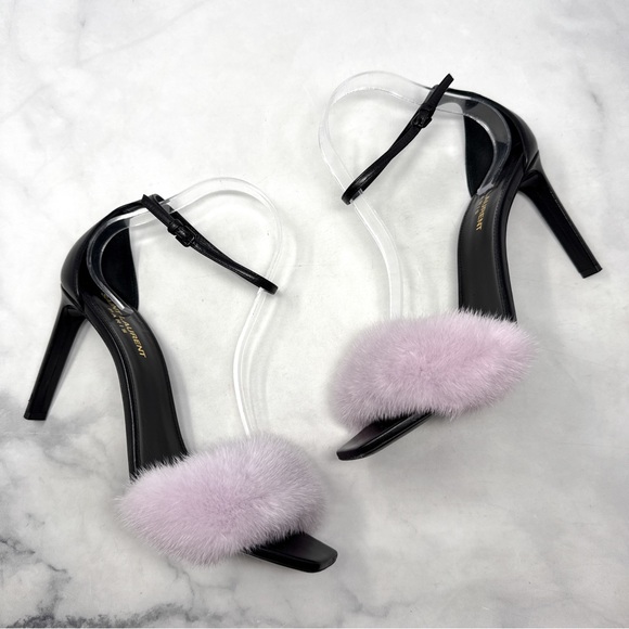 Saint Laurent Bea Mink Fur Leather Square Toe Ankle Strap Stiletto Sandal Heels - Picture 4 of 16